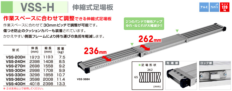 アルインコ 伸縮式足場板 VSS-H VSS-240H / 足場板・足場板オプション