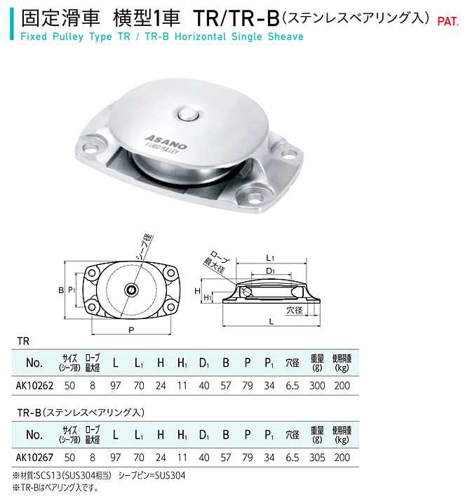 ステンレス 固定滑車TR横型1車