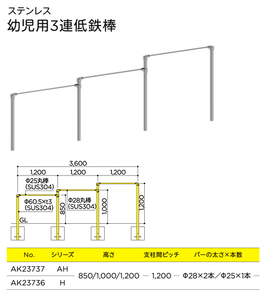 ステンレス 幼児用3連低鉄棒