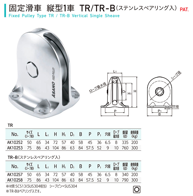 固定滑車TR-B 横型2車 50mm 浅野金属工業 AK10287