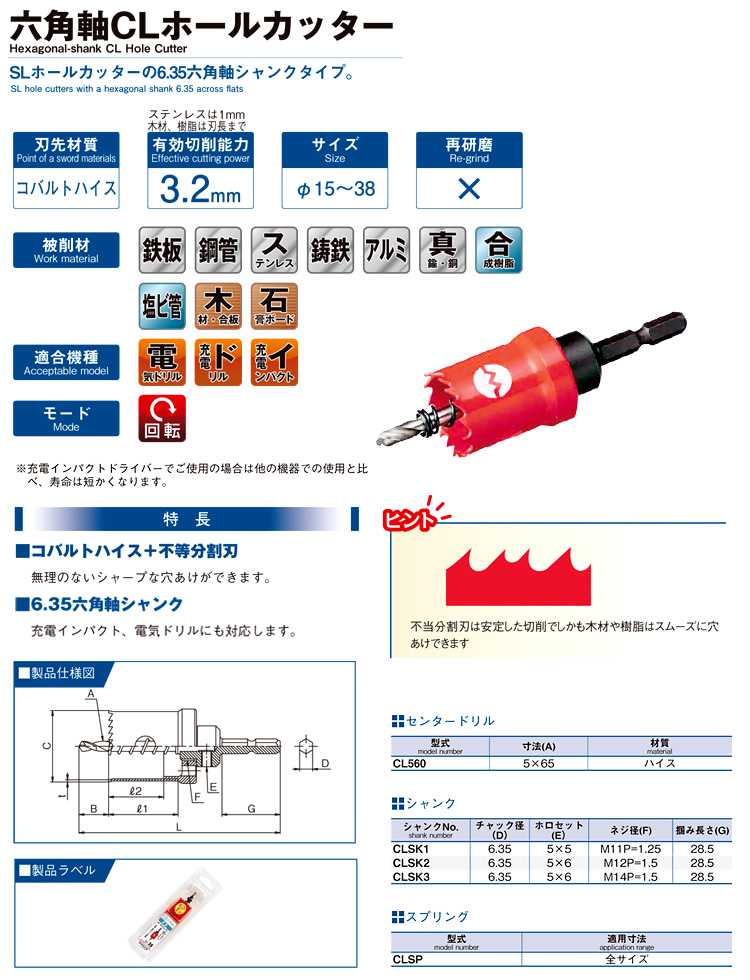 大見工業 六角軸CLホールカッター 刃径：35mm CL35 - 手動工具