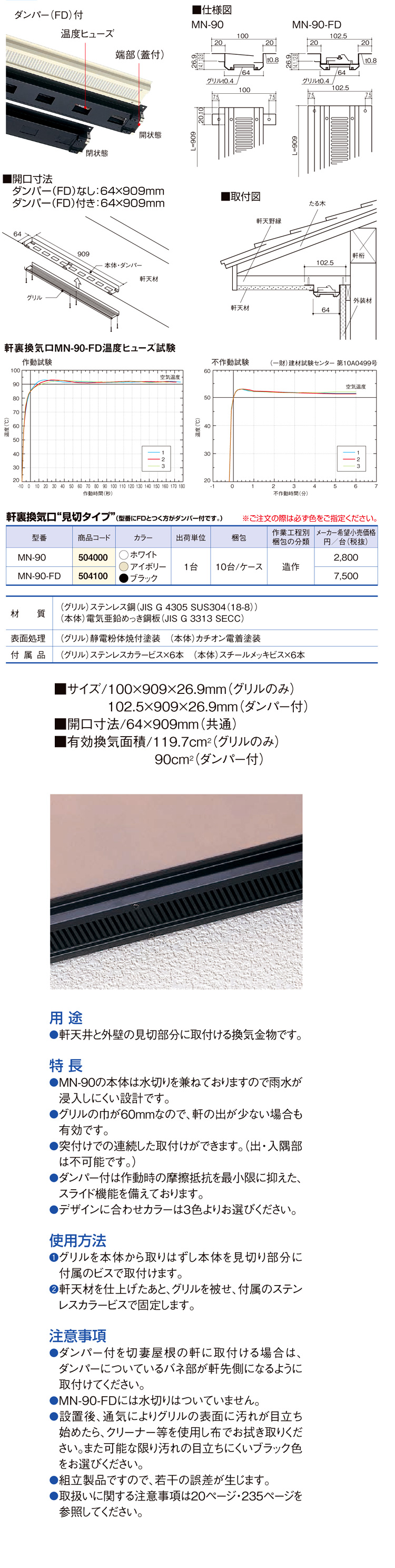 お気に入りの プラスワイズ建築軒裏換気口 見切タイプ ダンパー FD 付 ホワイト MN-90-FD 軒天井と外壁の見切部分に取付ける換気金物  504100 カネシン アミ