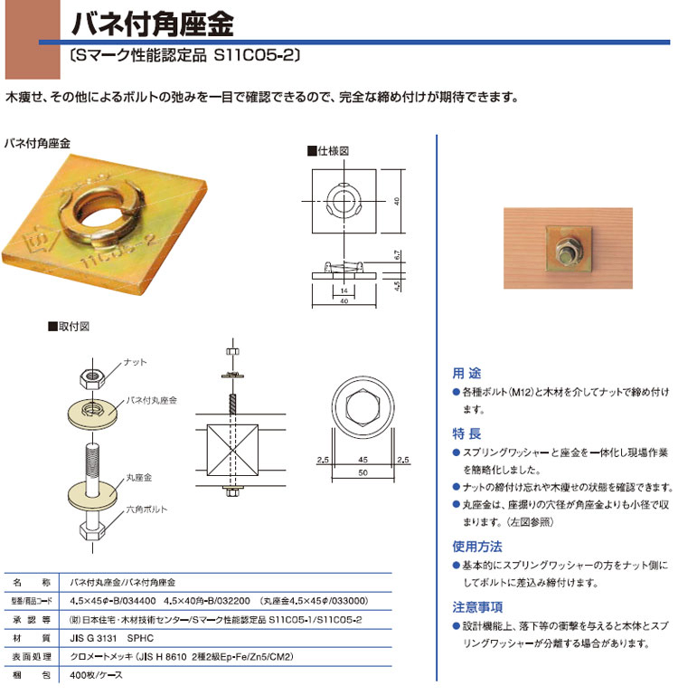 タナカ スプリングワッシャ付き丸座金 441-8045 400個 基礎 内装 構造