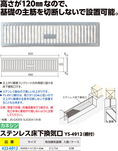 カナイ 建材 金物 ステンレス床下換気金物 YAアミ211クH110×W490 - 4