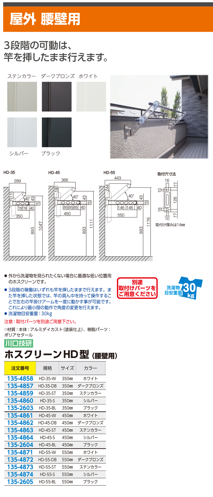 1431円 【テレビで話題】 川口技研 腰壁用物干し ホスクリーン HD-45-BL ブラック 1本