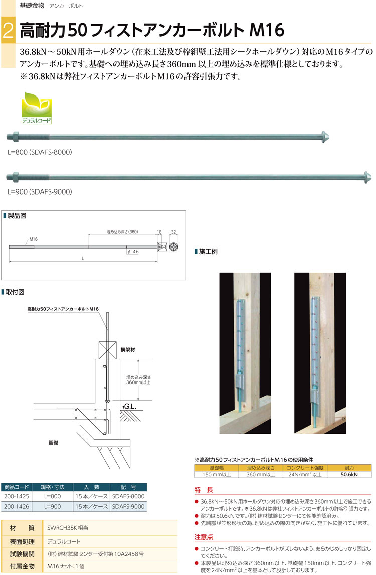 大阪店激安通販 カナイ 高耐力50フィストアンカーボルトM16 SDAFS-9000 442-1139 15本 基礎 内装 構造金物 土台  DIY、工具