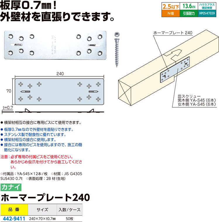 カナイ ホーマープレート240 HP-240 / 帯金物 短ざく金物 / 建築金物