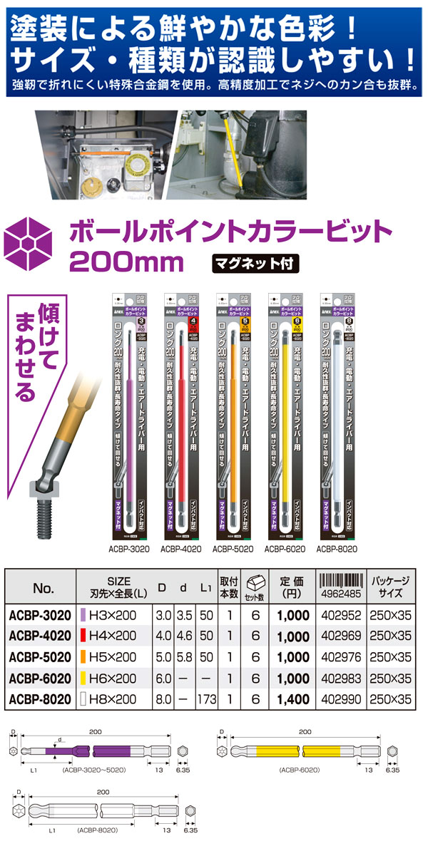 兼古製作所 ボールポイントカラービット0mm マグネット付 Acbp 30 ドライバービット 延長棒 電動工具用アクセサリ 電動工具の道具道楽