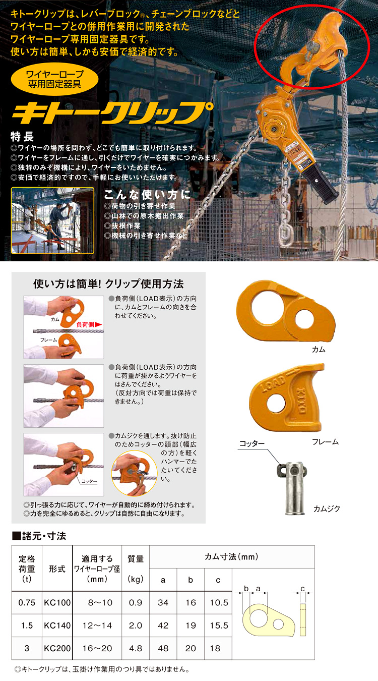 ワイヤーロープ専用固定器具「キトークリップ」