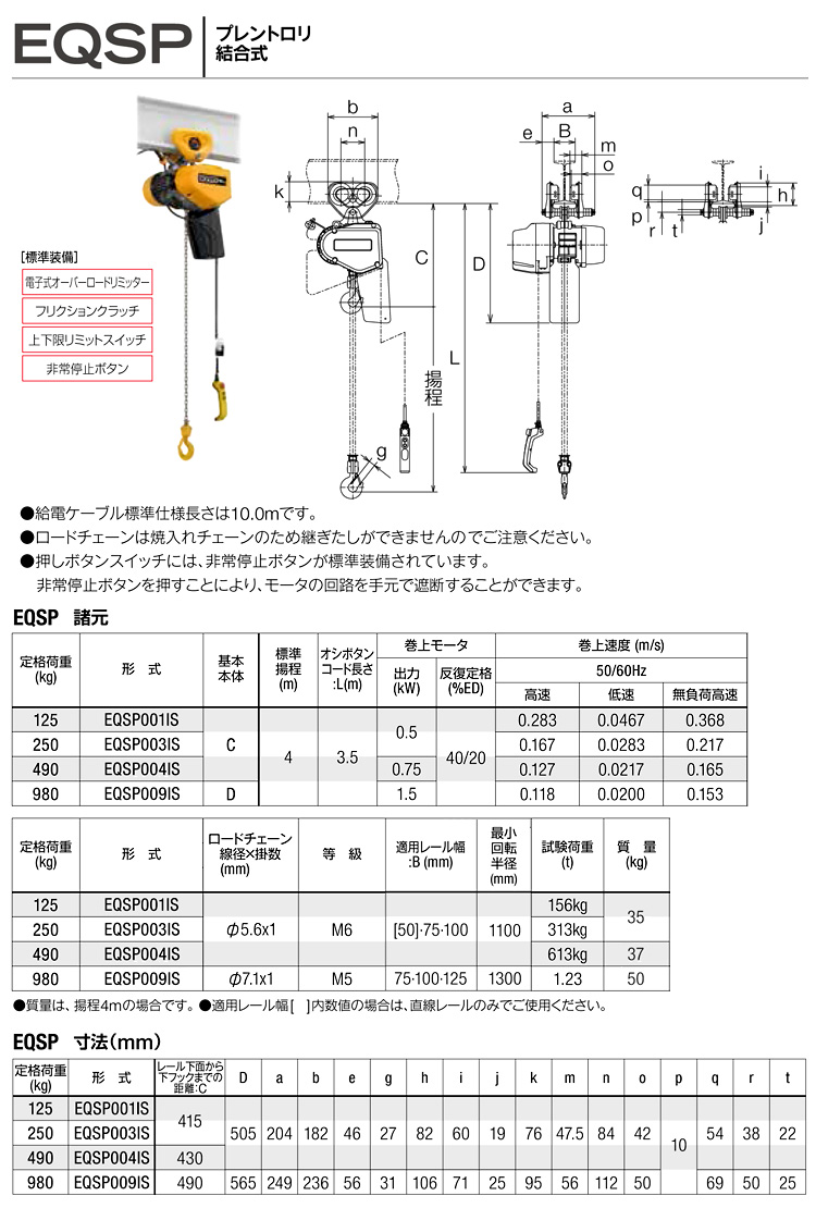 キトー電気チェーンブロックEQSP形(プレントロリ結合式)