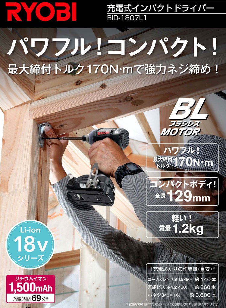 18V【1.5Ah電池付】充電式インパクトドライバ