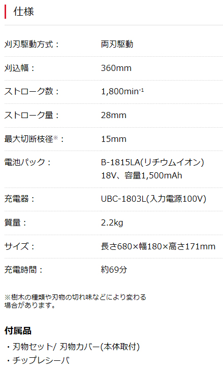 18V【1.5Ah電池付】360mm充電ヘッジトリマ