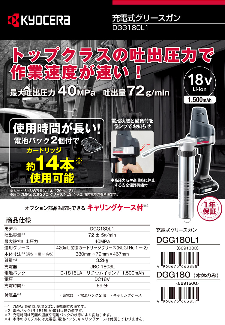 京セラ 18V【1.5Ah電池付】充電式グリースガン DGG180L1 京セラ 18V【1.5Ah電池付】充電式グリースガン DGG180L1