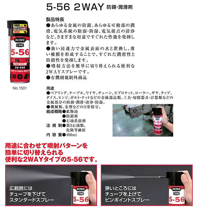 呉工業 防錆潤滑剤CRC5-56(2WAY) 1501 / 滑走剤・潤滑油・切削油 / 電動工具用アクセサリ | 電動工具の道具道楽
