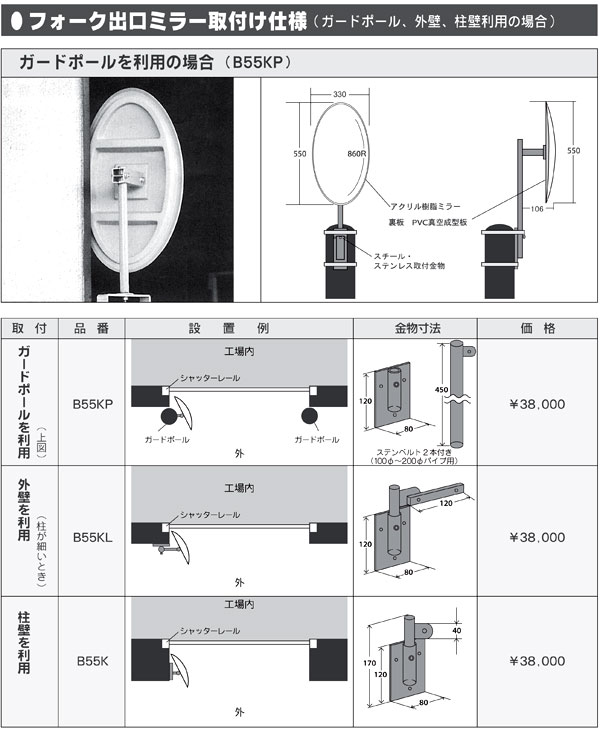 良質 TRコミー フォーク出口ミラー 柱用 ３５０×５５０