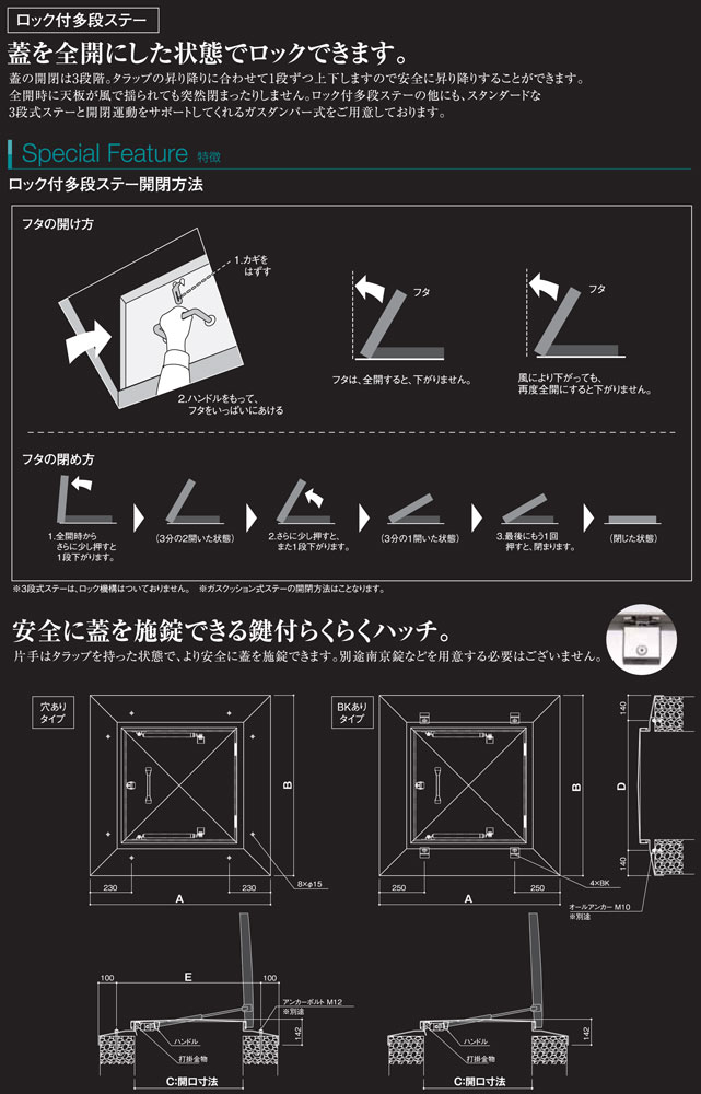 9周年記念イベントが SPG 鍵付らくらくハッチ OMK-61601 ステンレス製 ロック付多段ステー 600 穴付 BK無