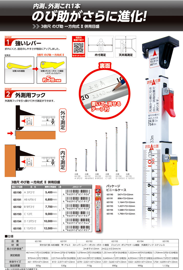 シンワ 3倍尺 のび助 一方向式2 D13尺5寸 併用目盛 ▽147-7589 65194 1