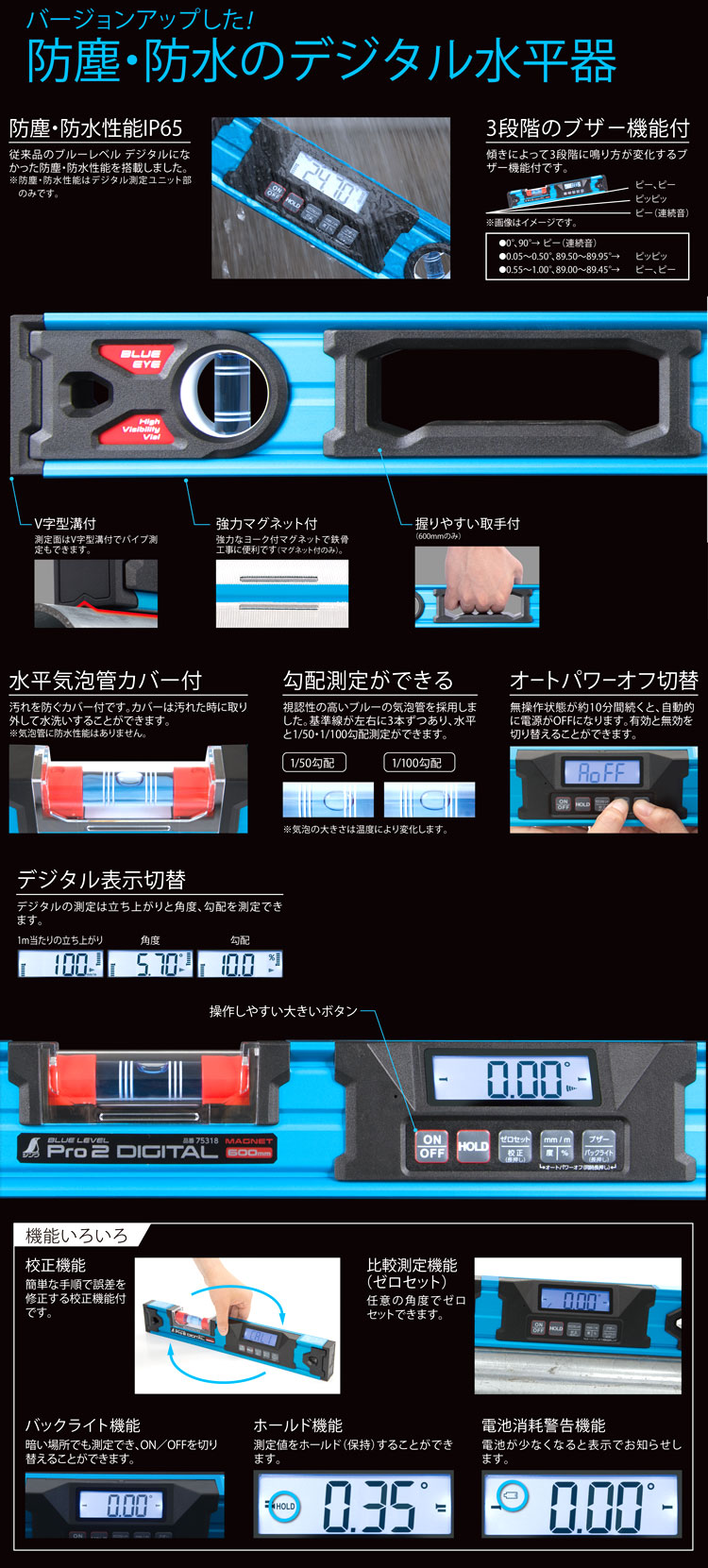 シンワ測定 ブルーレベル Pro デジタル600mm 防塵防水 マグネット付 75318