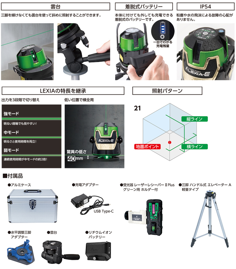 ◆〔電子整準〕レーザーロボ「LEXIA-E」21グリーン
