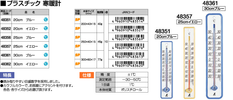 プラスチック製寒暖計