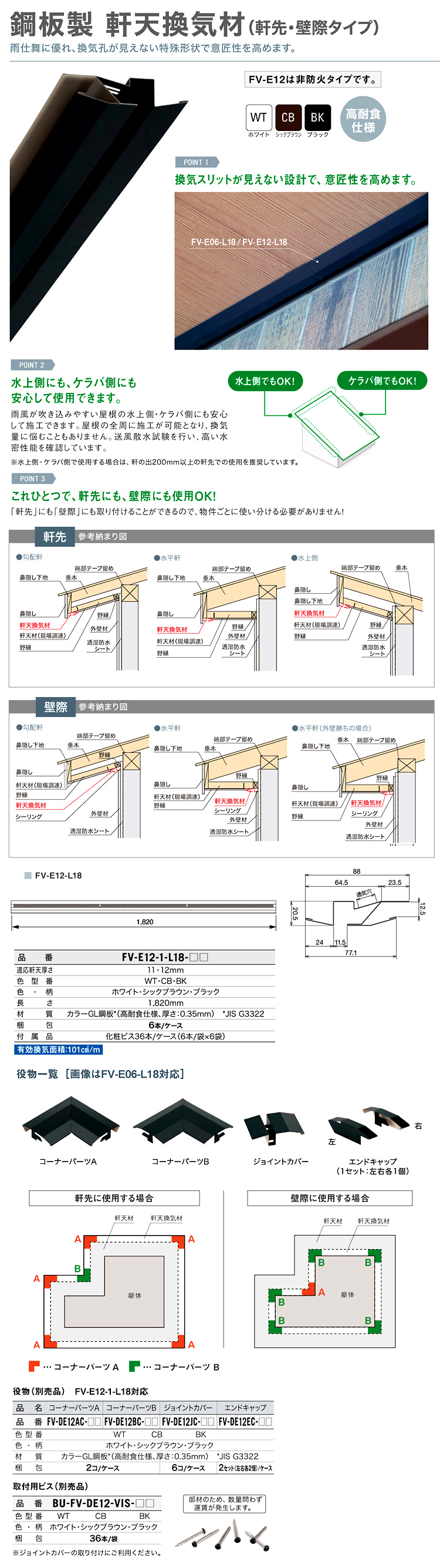 ◆鋼板製軒天換気材【本体】(軒先・壁際タイプ)適応軒天厚11・12mm