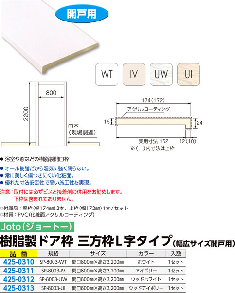 城東テクノ 株 樹脂製ドア枠 三方枠セット 竪枠 上枠 Ｌ字タイプ 幅広サイズ SP-8003-WT ホワイト色 １セット 【高額売筋】