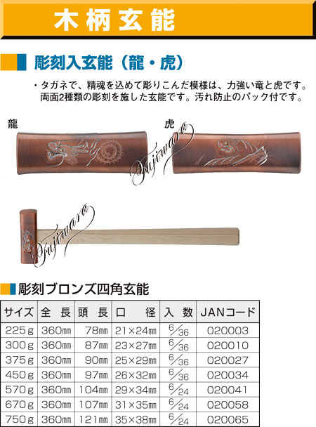 王将 龍虎彫刻入 ブロンズ四角玄能（ニス無・パック付柄）750g ※