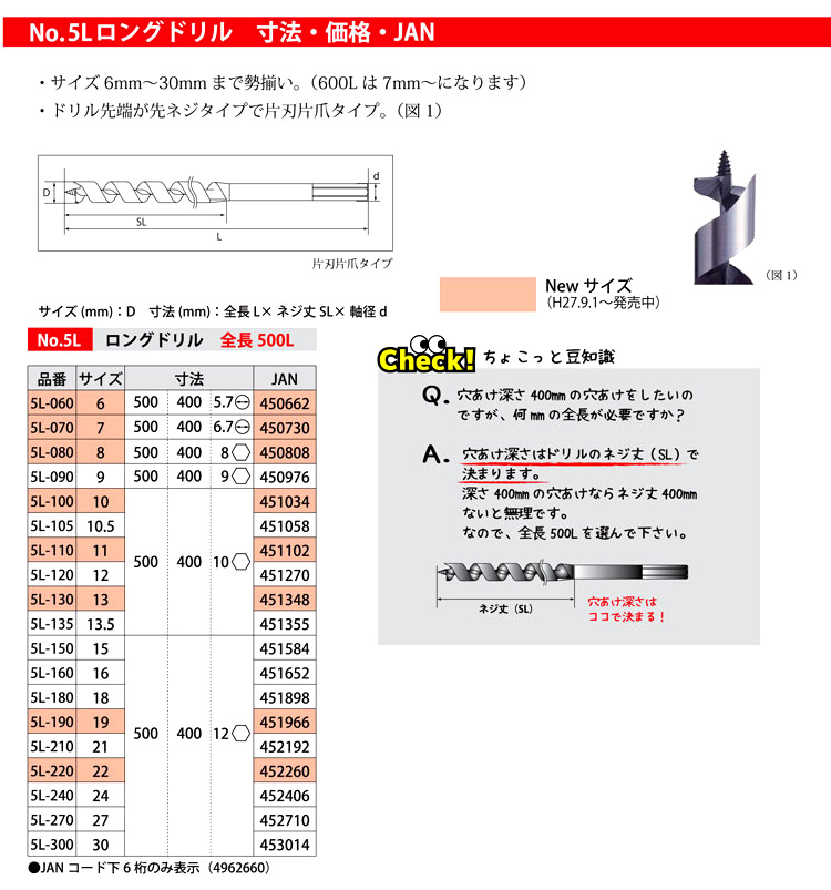No.5L ロングドリル【全長500mm】