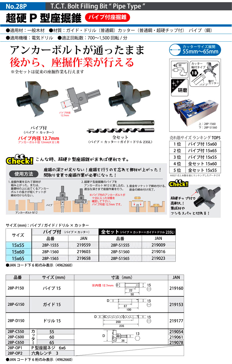 スターエム No.28P 超硬P型座掘錐【パイプ付】 28P-1560 / 二段錐・座