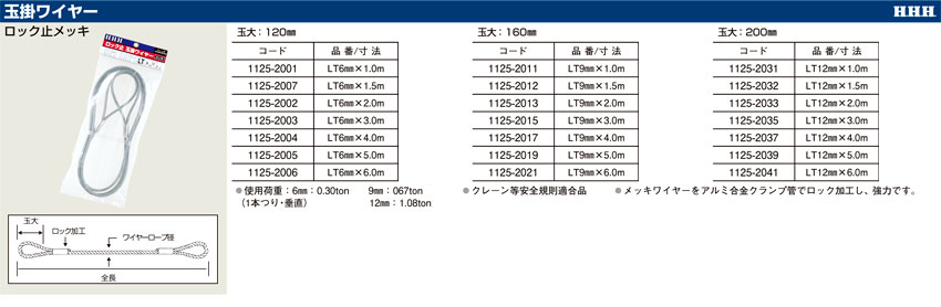 ロック止玉掛ワイヤー玉大120mm
