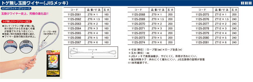 JISトゲ無し玉掛ワイヤー(STARTワイヤーZTシリーズ)
