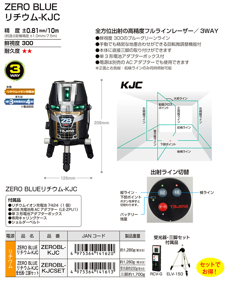 お中元 ポイント2倍 タジマ ZEROBL-KY TJMデザイン ブルーグリーンレーザー レーザー墨出し器 ZERO BLUE リチウム-KY