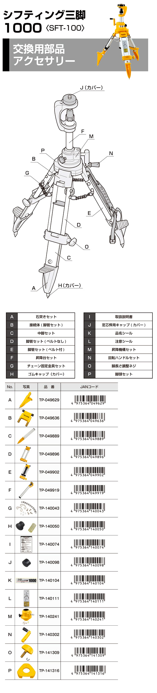 【交換用部品】タジマシフティング三脚1000用