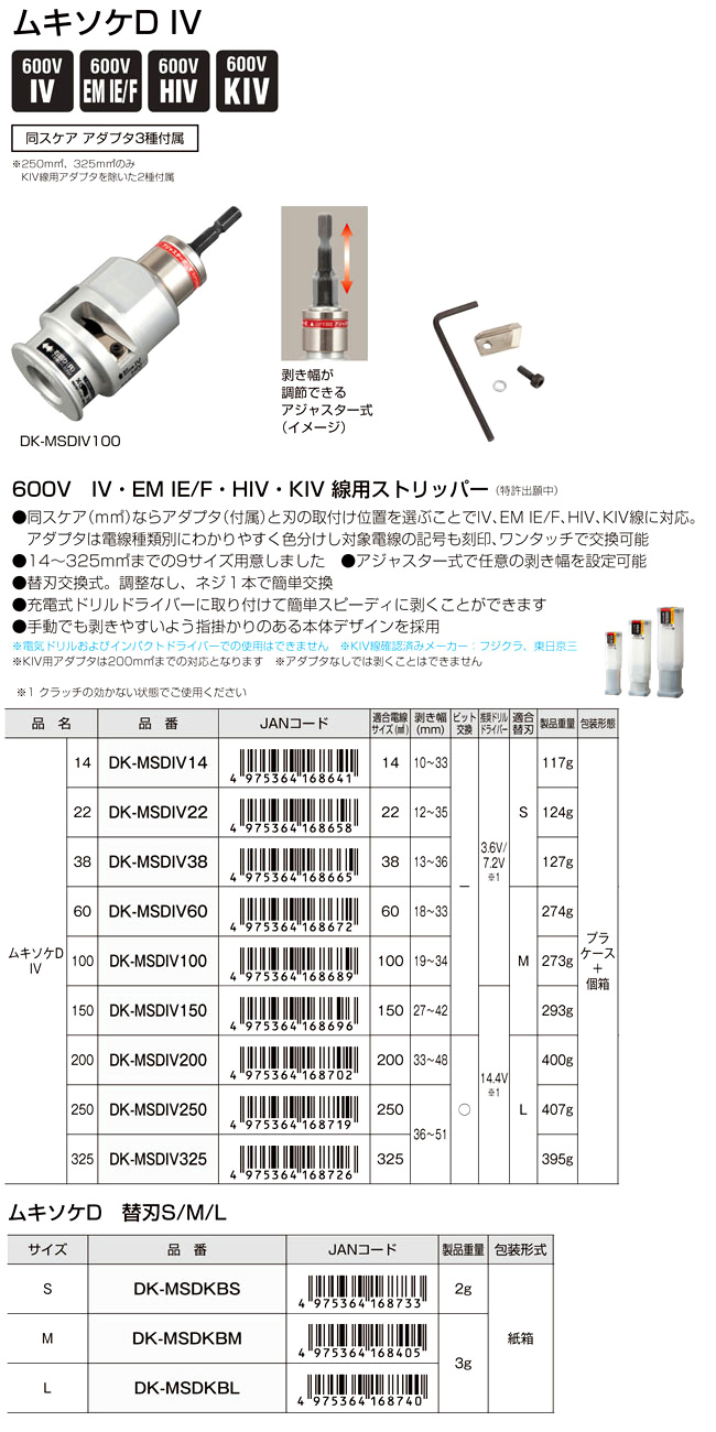 タジマツール 600V/IV・EM IE/F・HIV・KIV線用ストリッパー「ムキソケD IV」 DK-MSDIV14 / ストリッパー / 電設工具  電設機材 | 電動工具の道具道楽