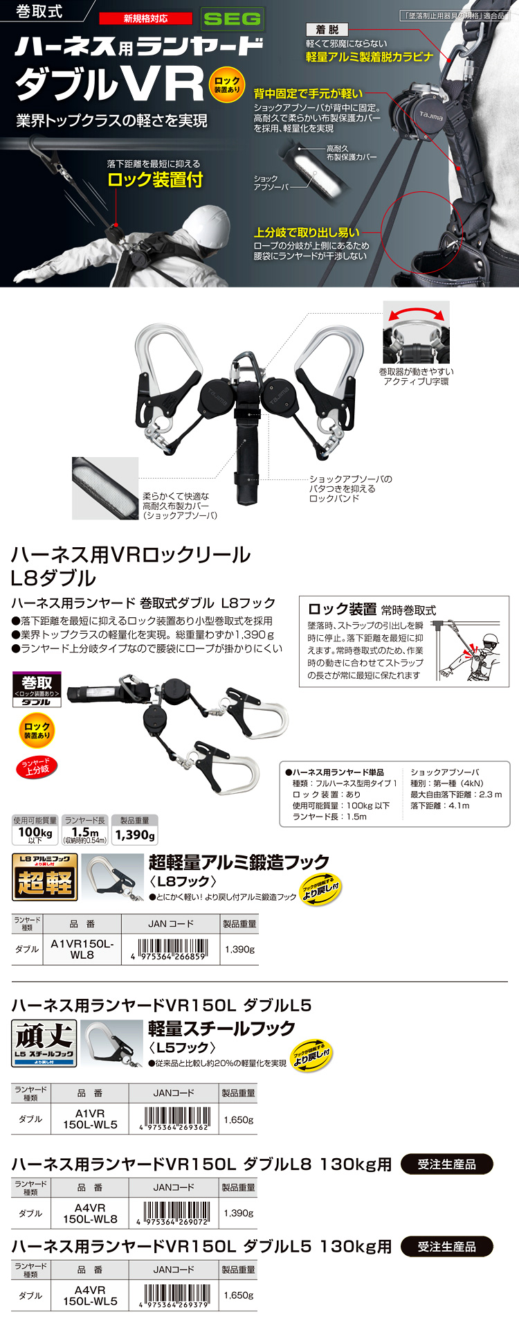 最大69％オフ！ R様専用 安全帯 ランヤード A1VR150L-WL8 VR150 ダブル