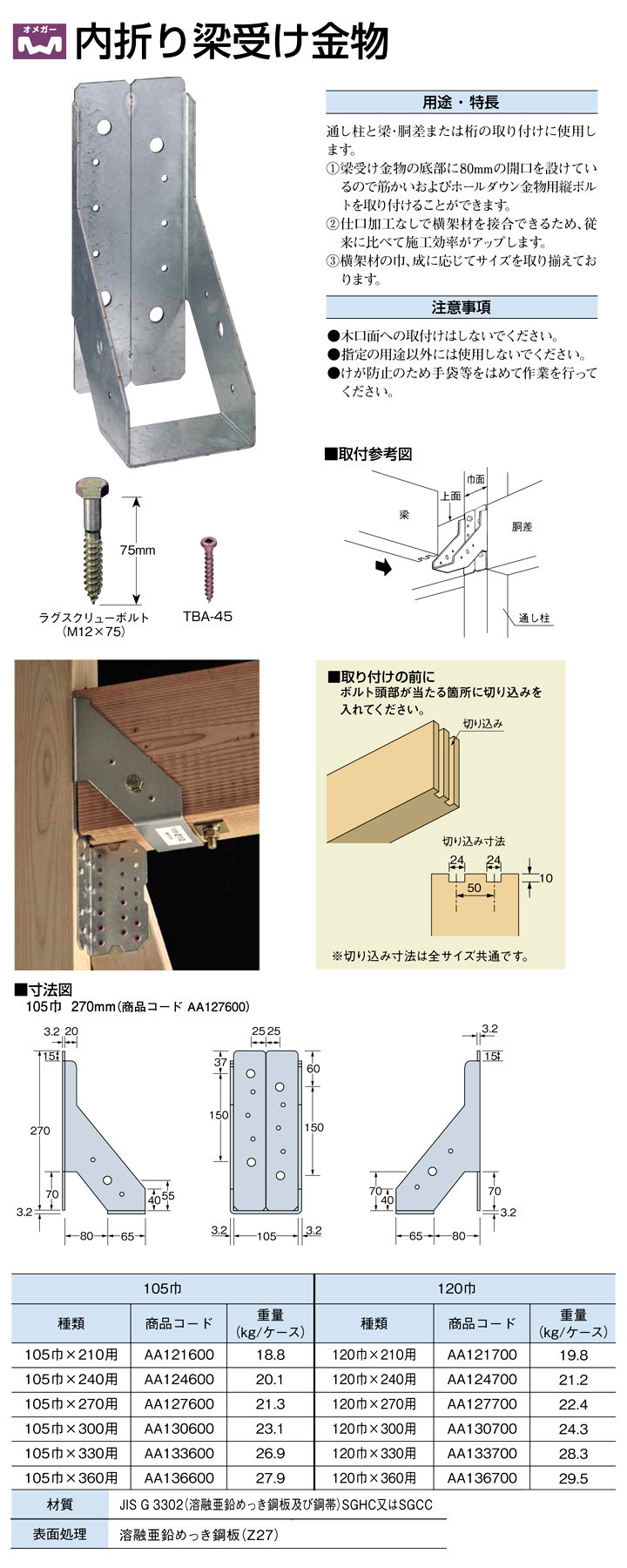   内折り梁受け金物 120巾×330用 120巾×330用×3.2 AA1337 TANAKA タナカ アミ - 3