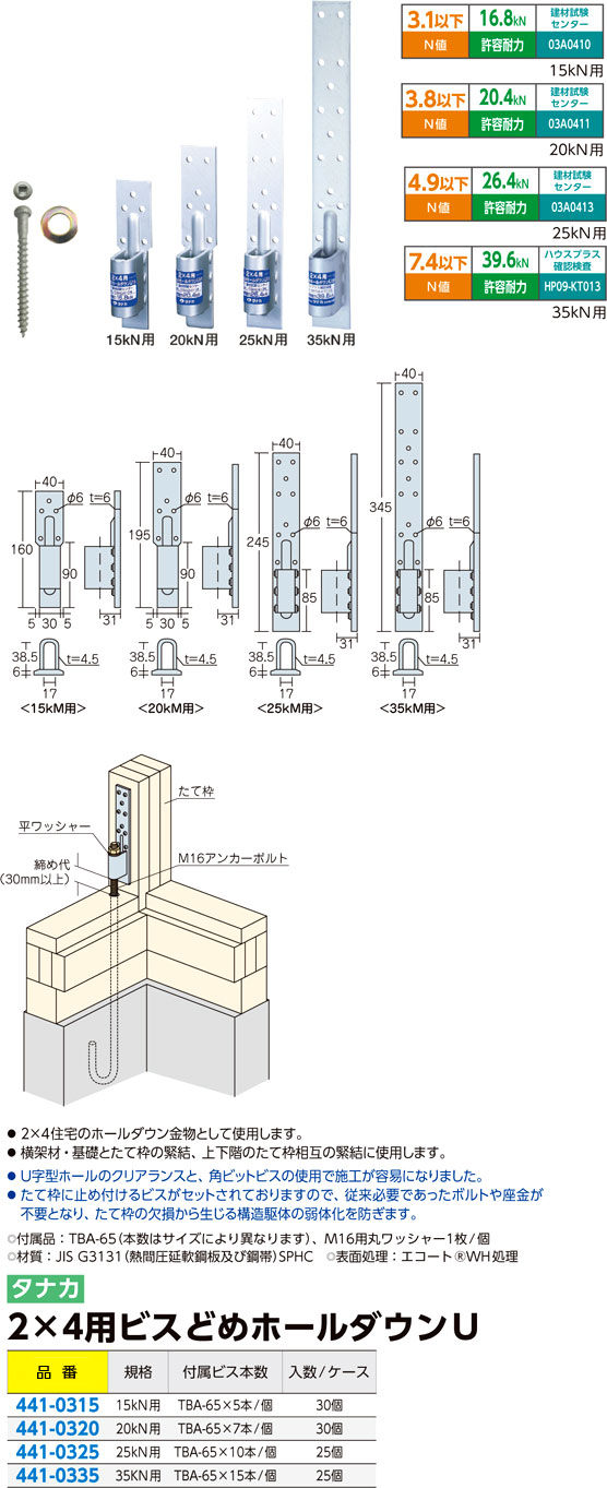 タナカ 2×4用ビスどめホールダウンＵ AC2416 / ホールダウン金物