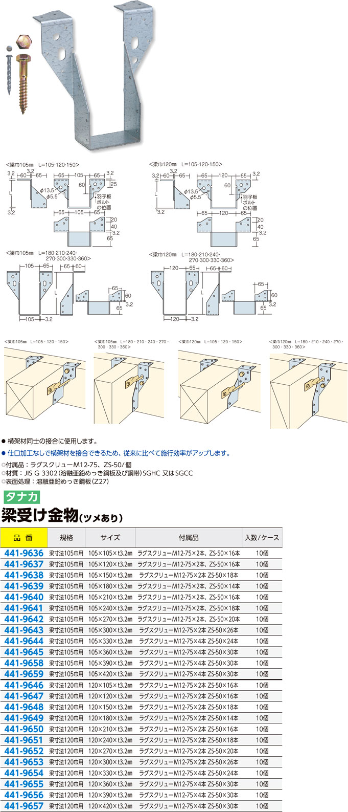 国際ブランド】 梁受け金物 ツメあり 120巾×300用 120巾×300用×3.2 AA1301 TANAKA タナカ アミ 