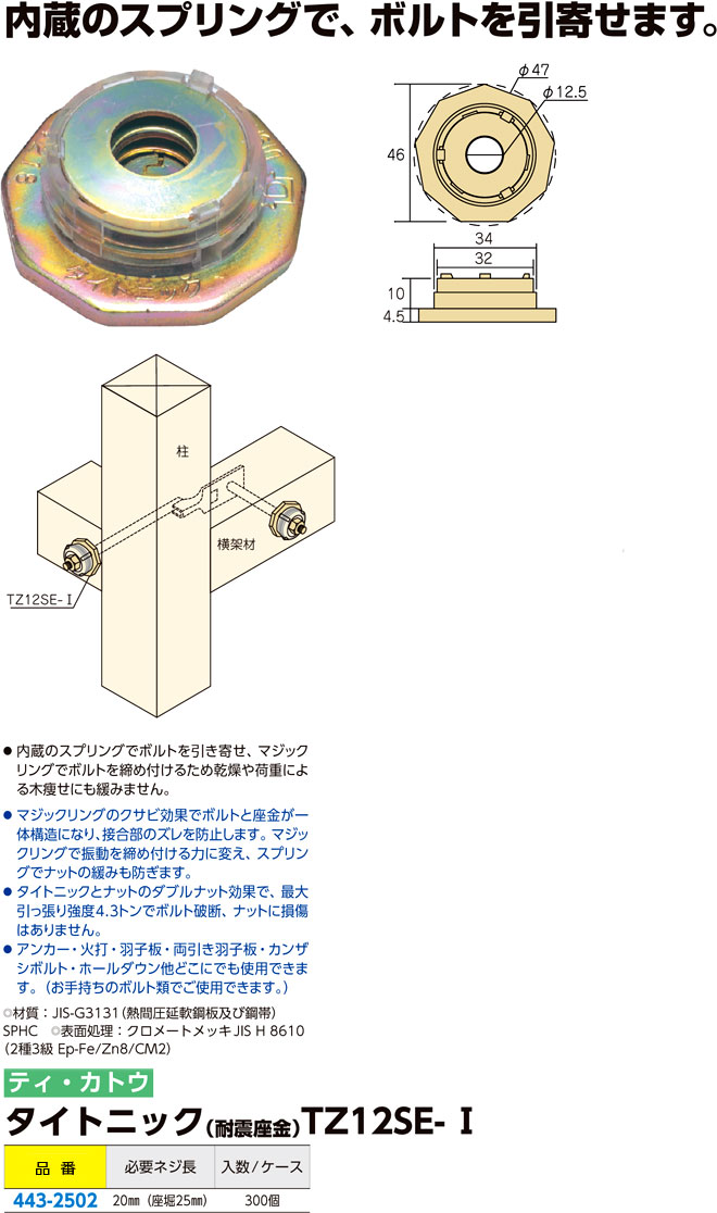 トップ プラスワイズ建築耐震 座金 タイトニック TZ12SES-I 300個入 Zボルト 12mm 対応 木痩せに 追従して 締め付ける 簡単取付  ティカトウ T販 代引不可