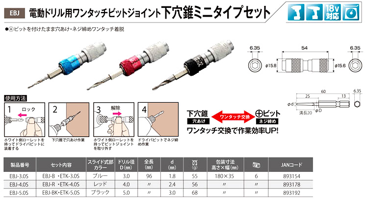 ワンタッチビットジョイント下穴錐ミニタイプセット