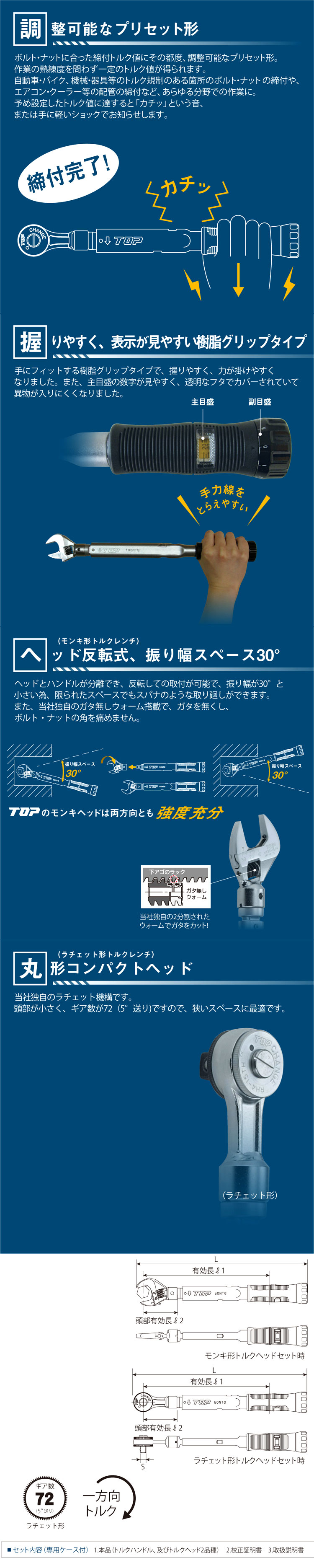 トップ工業 モンキ形ラチェット形グリップ付トルクレンチ TS-200NTG