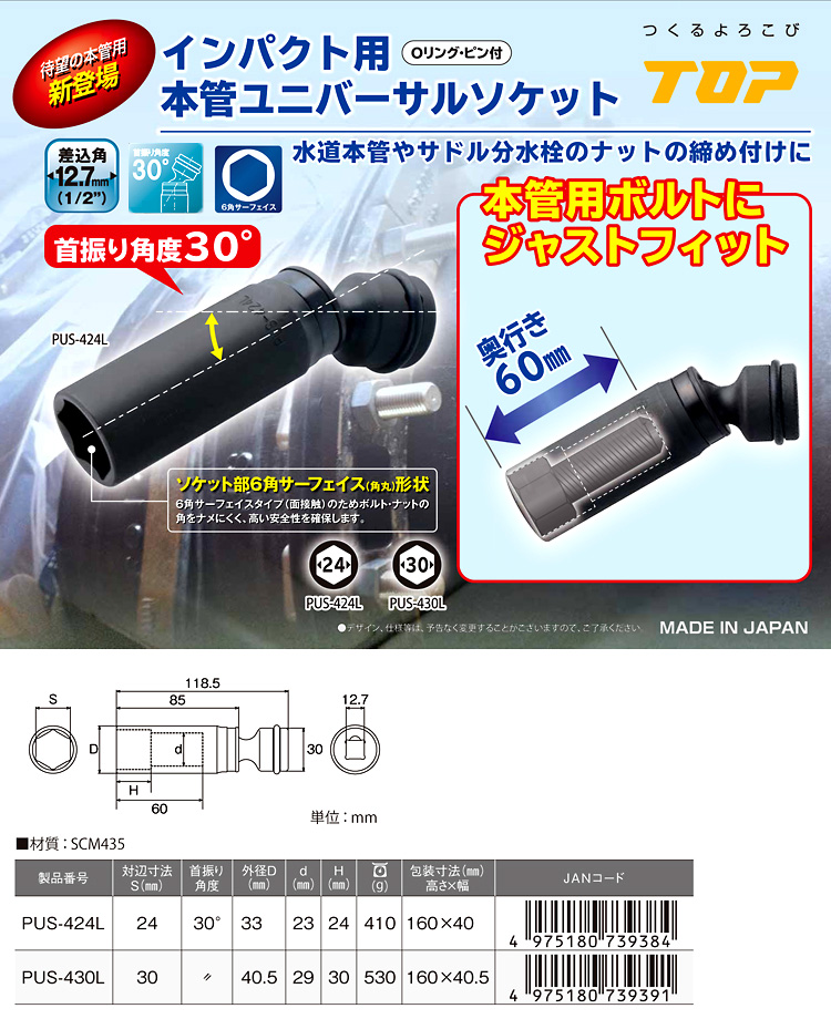 インパクト用本管ユニバーサルソケット(差込角12.7mm)
