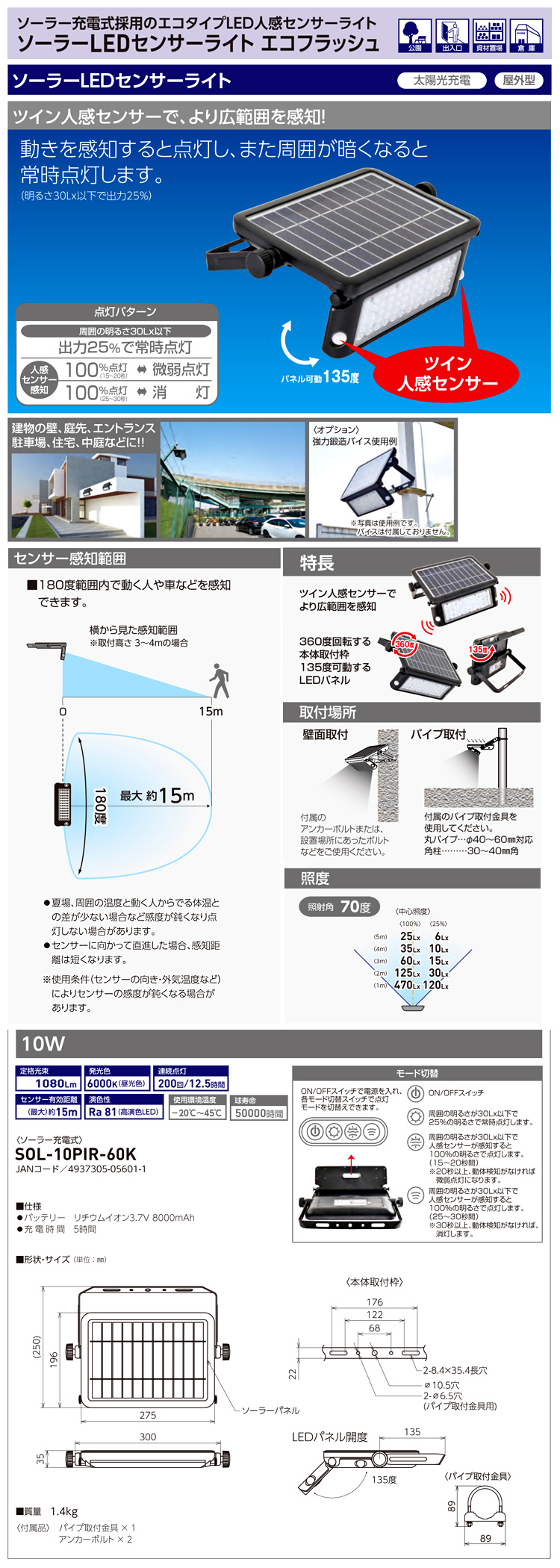 ソーラーLEDセンサーライト「エコフラッシュ」10W