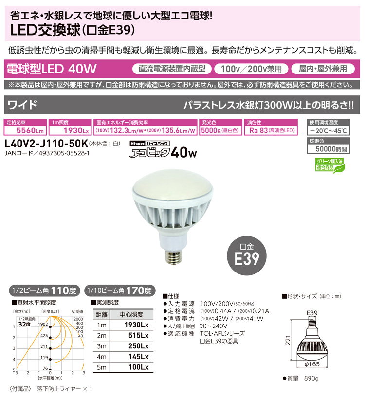 LED交換球ハイスペックエコピック40W(ワイド)