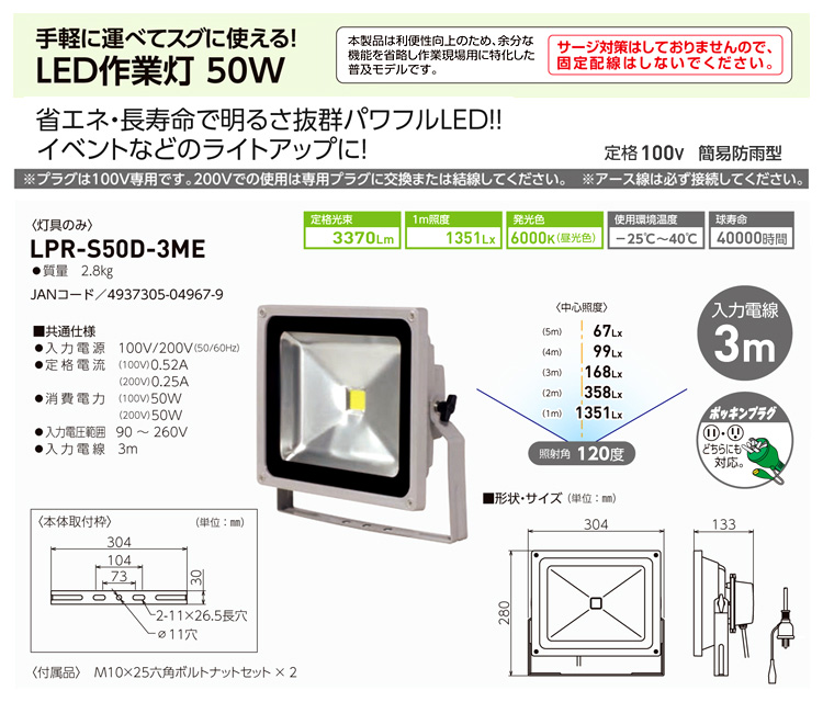 日動工業 LED作業灯50W(床スタンド式) LPR-S50MSH-3ME / 作業灯(床 