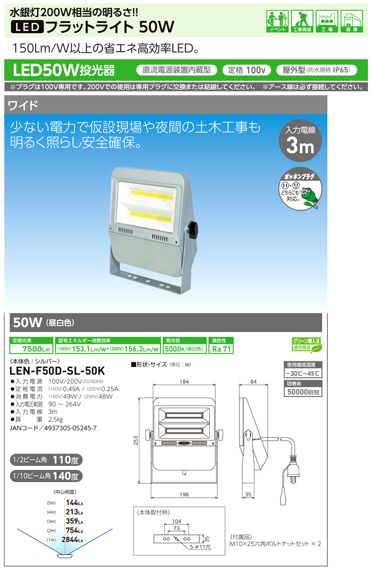 日動工業 LEDフラットライト50W(投光器型) LEN-F50D-SL-50K / 作業灯