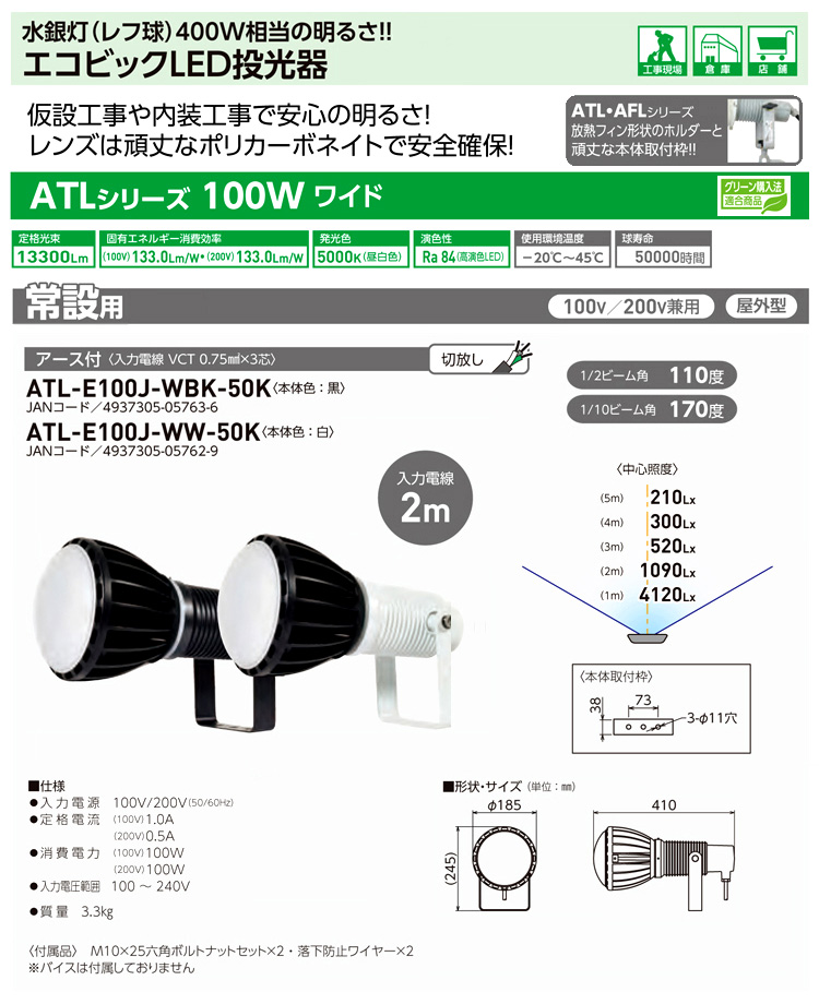 超新作】 日動 エコビックLED投光器100W 常設用 ワイド アース付 電線2m 本体白 電球黒 ATLE100JWW50K 1618917 