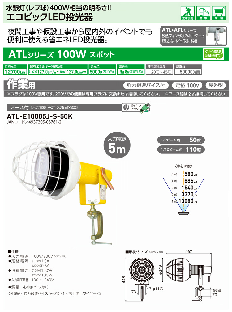 ディズニープリンセスのベビーグッズも大集合 <br>日動工業 ATL-E10005J-S-50K エコビックLED投光器100W 作業用 スポット 昼白色  アース付 電線5m