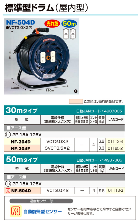 日動工業 屋内型電工ドラム(アース無) NF-504D / 100V用電工ドラム