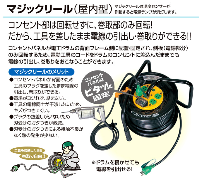 となります 日動工業 50mコードリール 100V標準型ドラム(屋内用) NF-EK54 アース付(過負荷漏電保護兼用) コンセント：4口